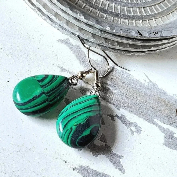 Malachite Gemstone Puffed Teardrop Handcrafted Green Silver Dangle Earrings - Picture 3 of 4